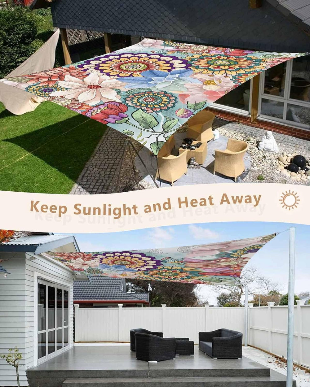 Sun Shade Sail 8'x10' Boho Floral Rectangle Sun Shade Sails Canopy Wa...