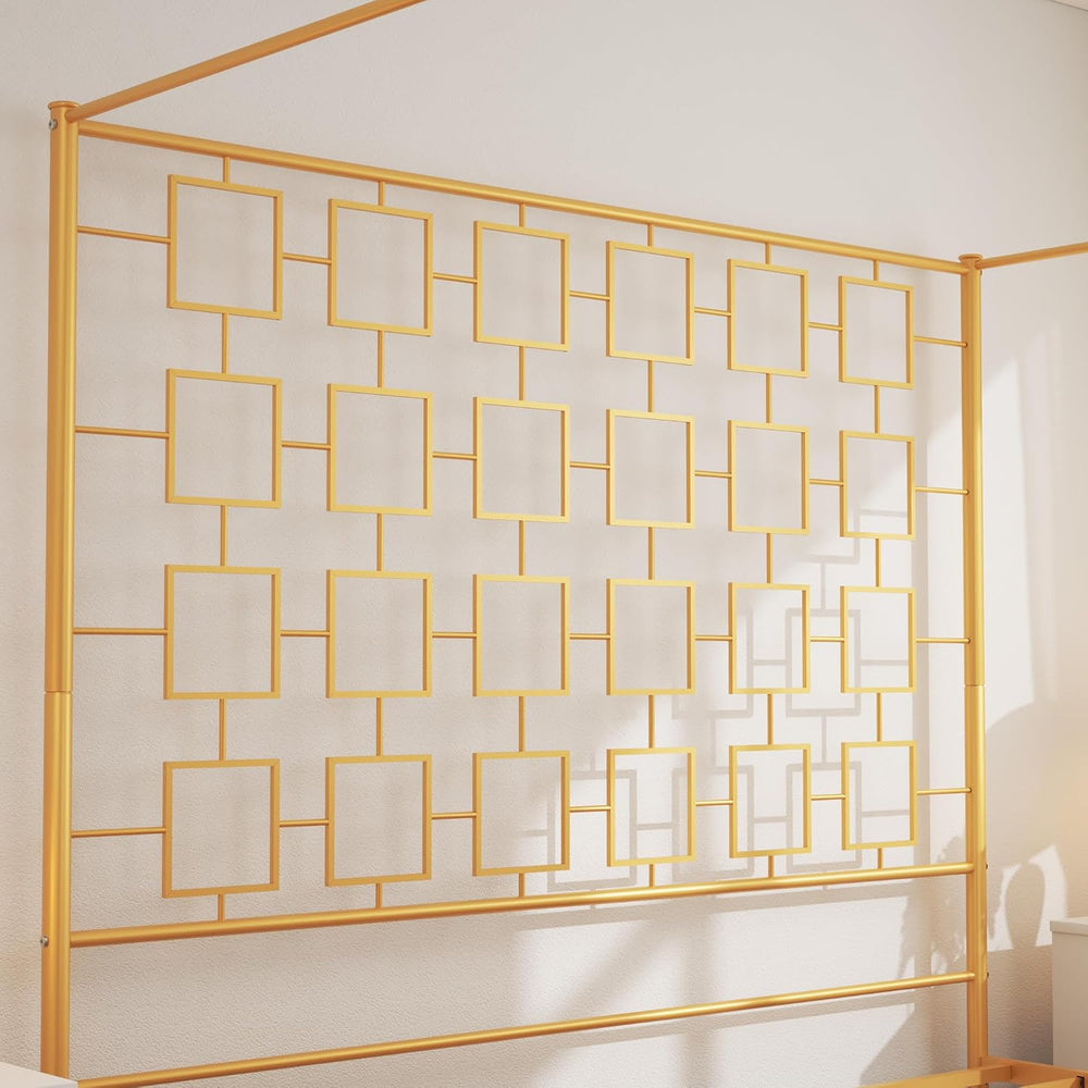 King Canopy Bed Frame, Gold Metal Bed, No Box Spring Needed