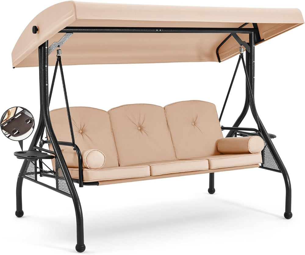 HOMREST 3 Seat Porch Swing with Adjustable Canopy, Patio Swing with Stand