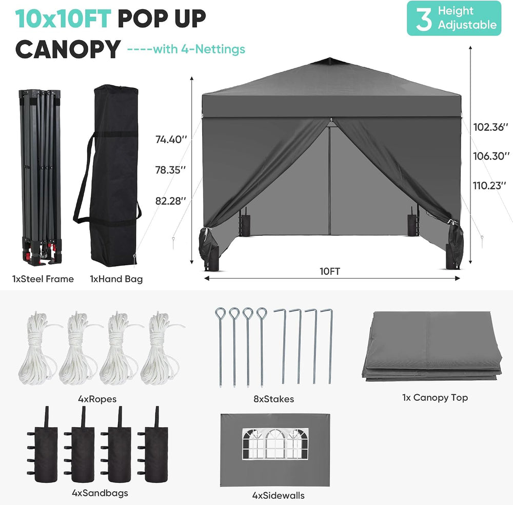 GDY 10x10 Pop Up Canopy Tent with 4 Sidewalls, Easy Set up, Outdoor Silver Co...