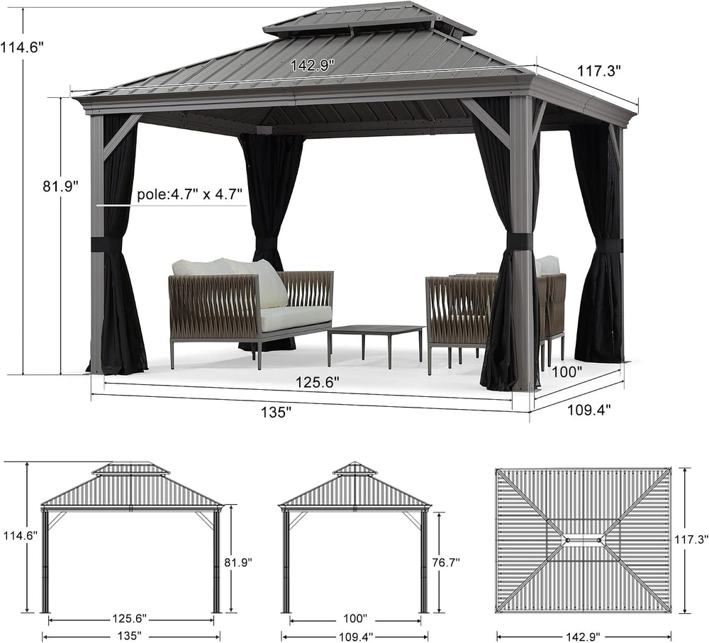 PURPLE LEAF Outdoor Gazebo 10' x 12' Hardtop Gazebo w/Drainage System