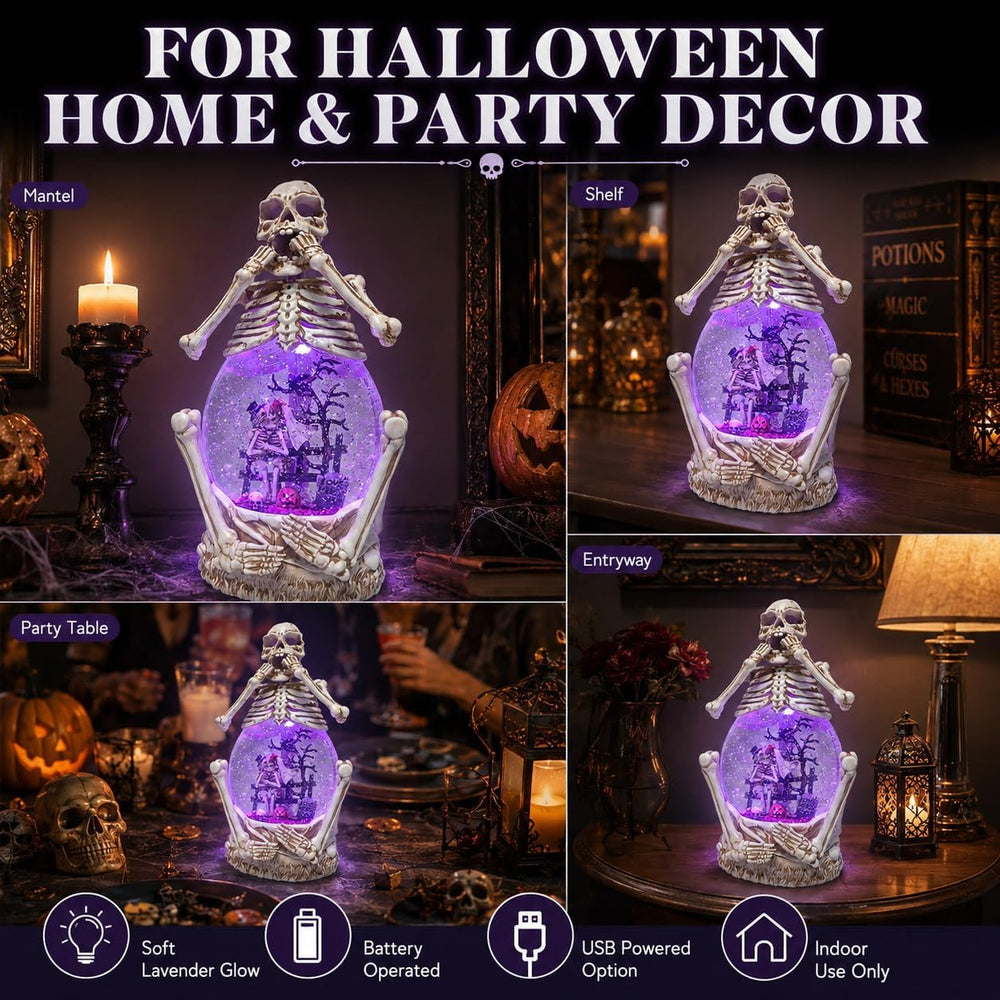Halloween Skeleton Couple Snow Globe Lantern, Lighted Water Glitter Halloween...