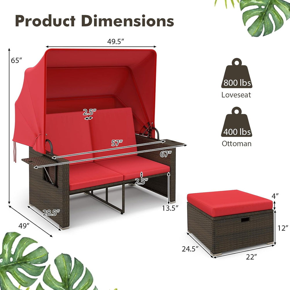Moccha Outdoor Daybed with Retractable Canopy - Rattan Loveseat Sofa Set w/ A...
