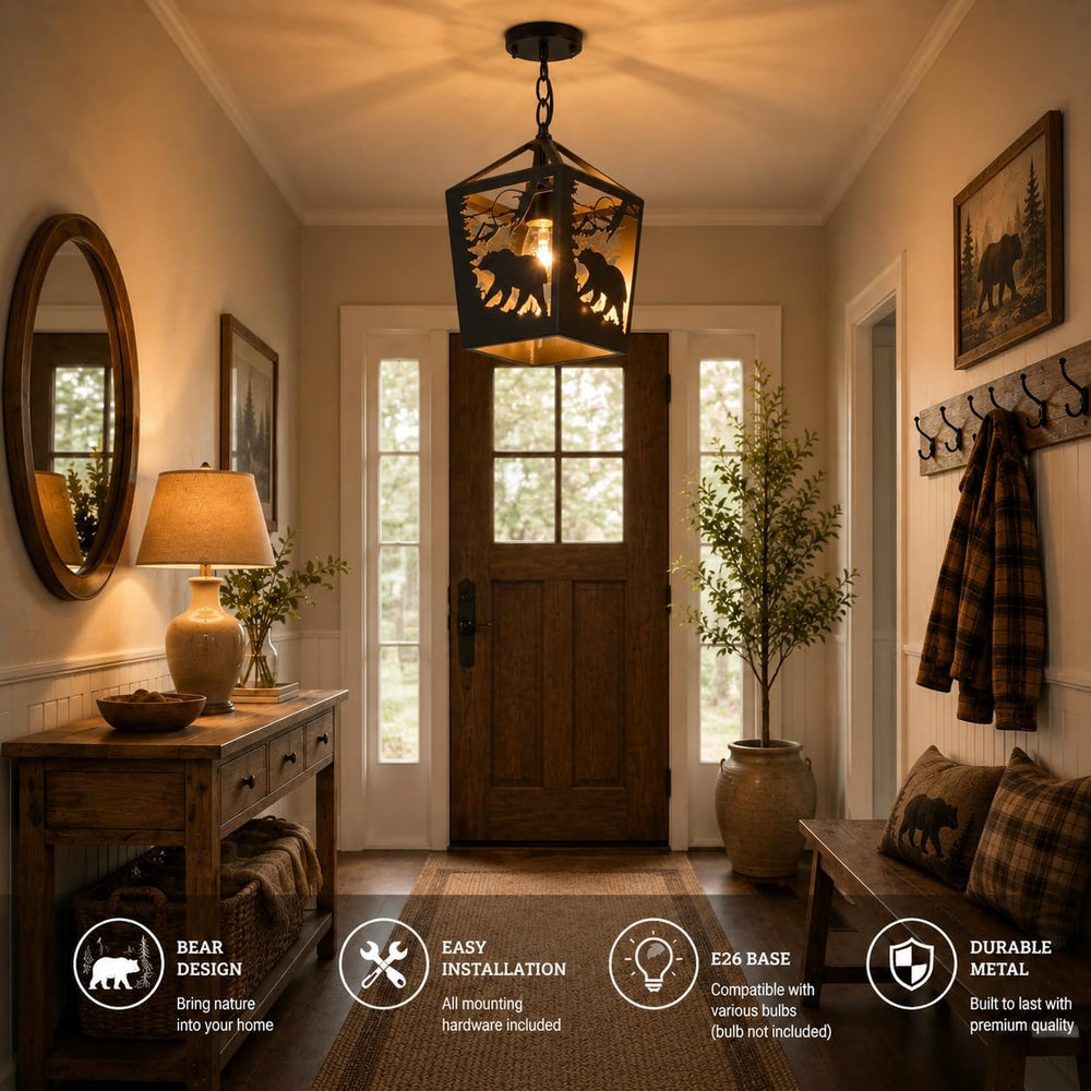 Farmhouse Rustic Bear Pendant Light, 2 Pack Metal Cage