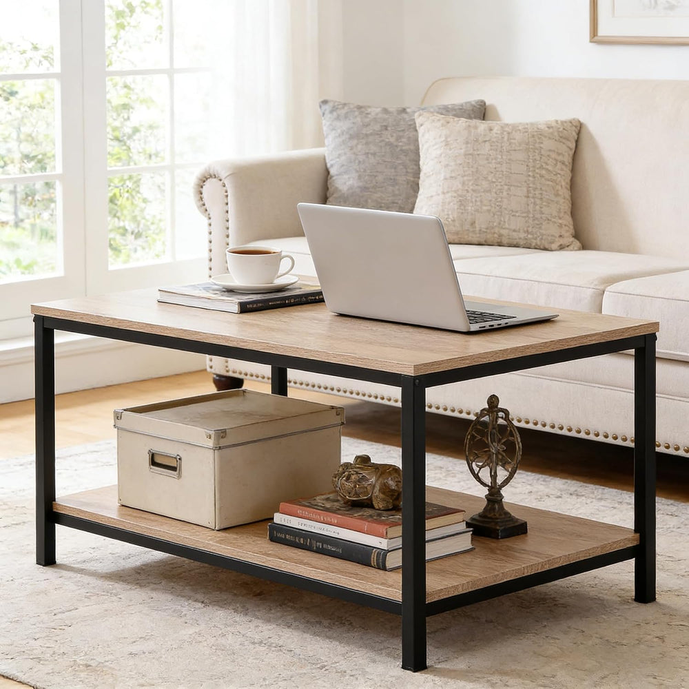 SUPER DEAL 2-Tier Industrial Coffee Table with Storage Shelf for Small Apartm...
