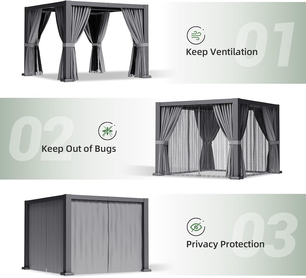 Aoxun Louvered Pergola 10x12 All-Aluminum, Waterproof Curtains and Netting