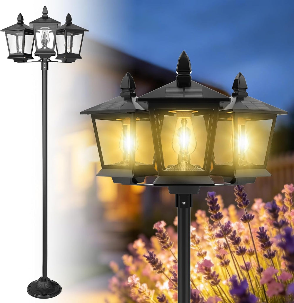 3-Head Solar Lamp Post Light, 73" Outdoor Post Lights, Solar Post Lights...