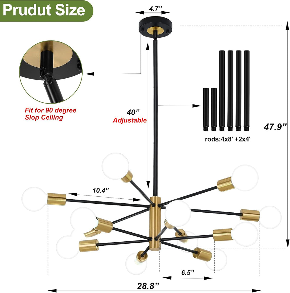 12-Light Modern Sputnik Chandelier, Mid Century Black Gold Ceiling Chandelier...