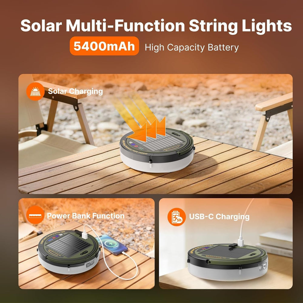 OGERY Solar Camping String Lights, 5400mAh/ 49.2FT/ 11 Modes Rechargeable