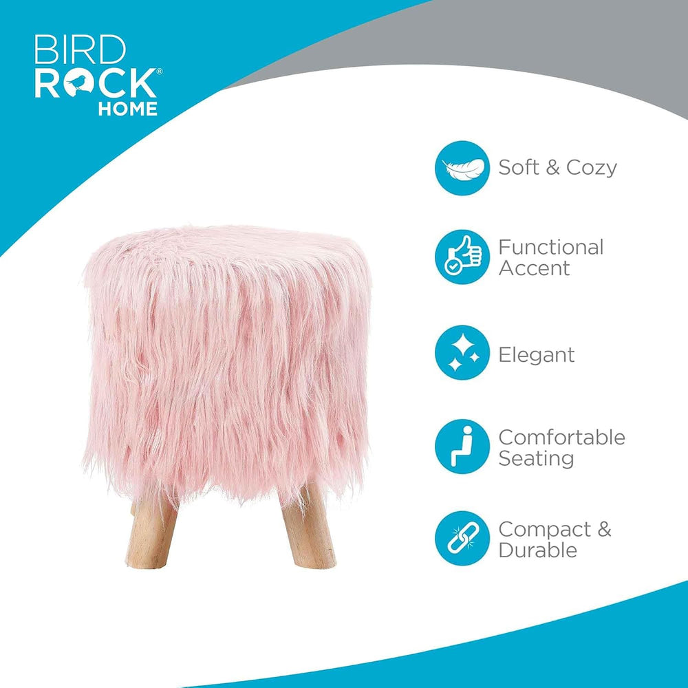 BIRDROCK HOME Faux Fur Foot Stool Ottoman – Upholstered Vanity Chair w/Natura...