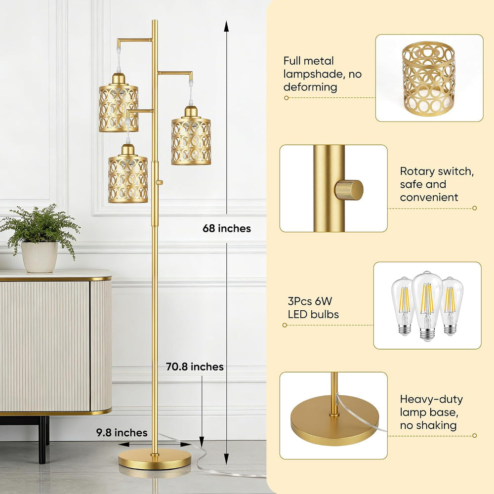 68" Tall Gold Industrial Floor Lamps for Living Room, Modern Standing Lamp