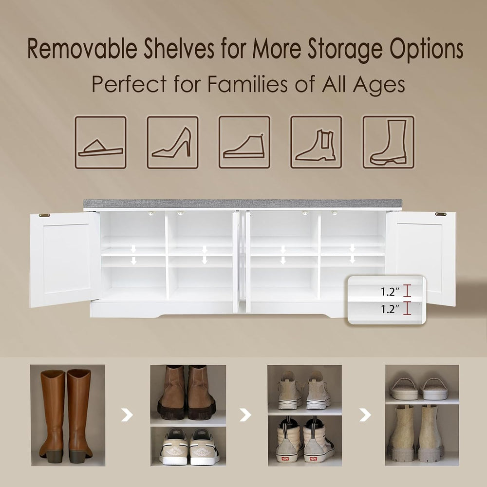 DINZI LVJ Shoe Storage Bench with Cushion, Door, White 47.2" LX17.7 H
