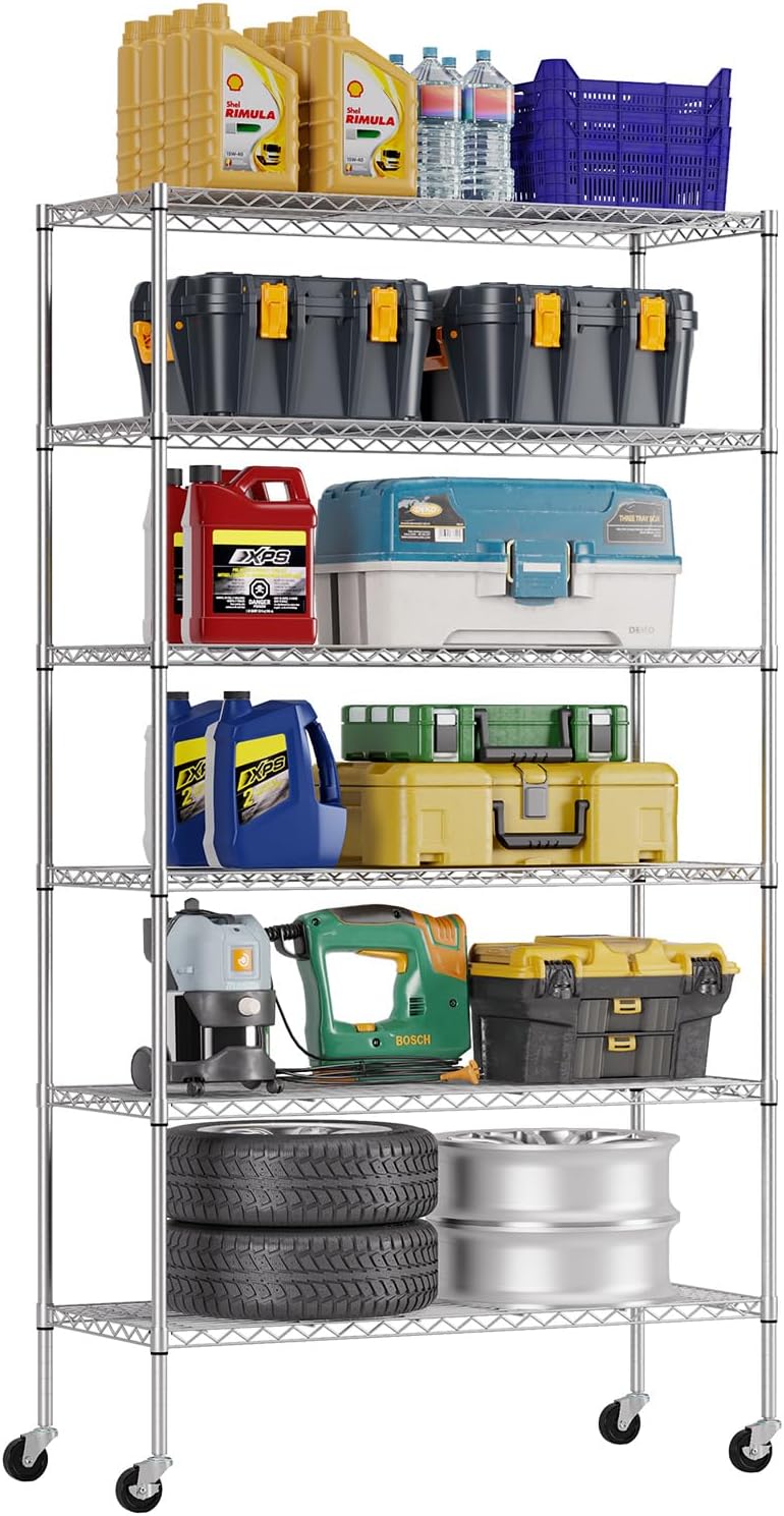 FDW | 6-Tier Wire Shelf with Wheels | 45" x 18" x 82" | Chrome