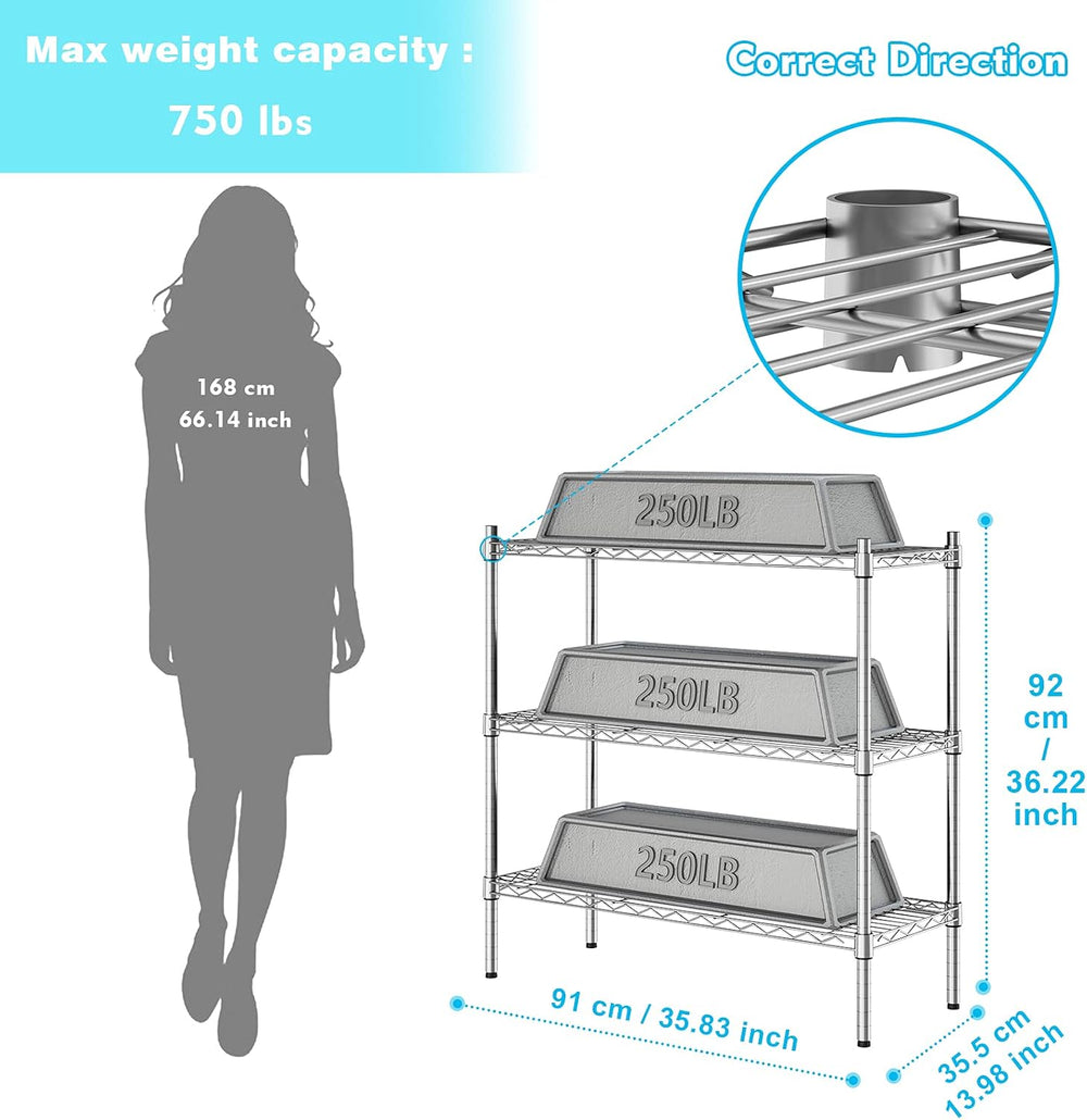 Auslar 3-Tier Heavy Duty Wire Shelving, Adjustable Storage Rack, Chrome