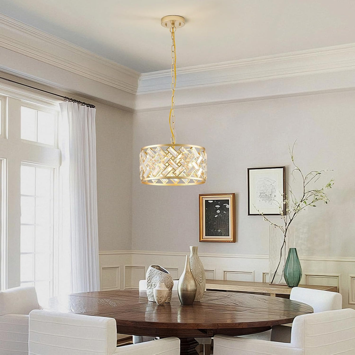 12.4" gold crystal chandelier, morden 3-light dining room, close-up detail