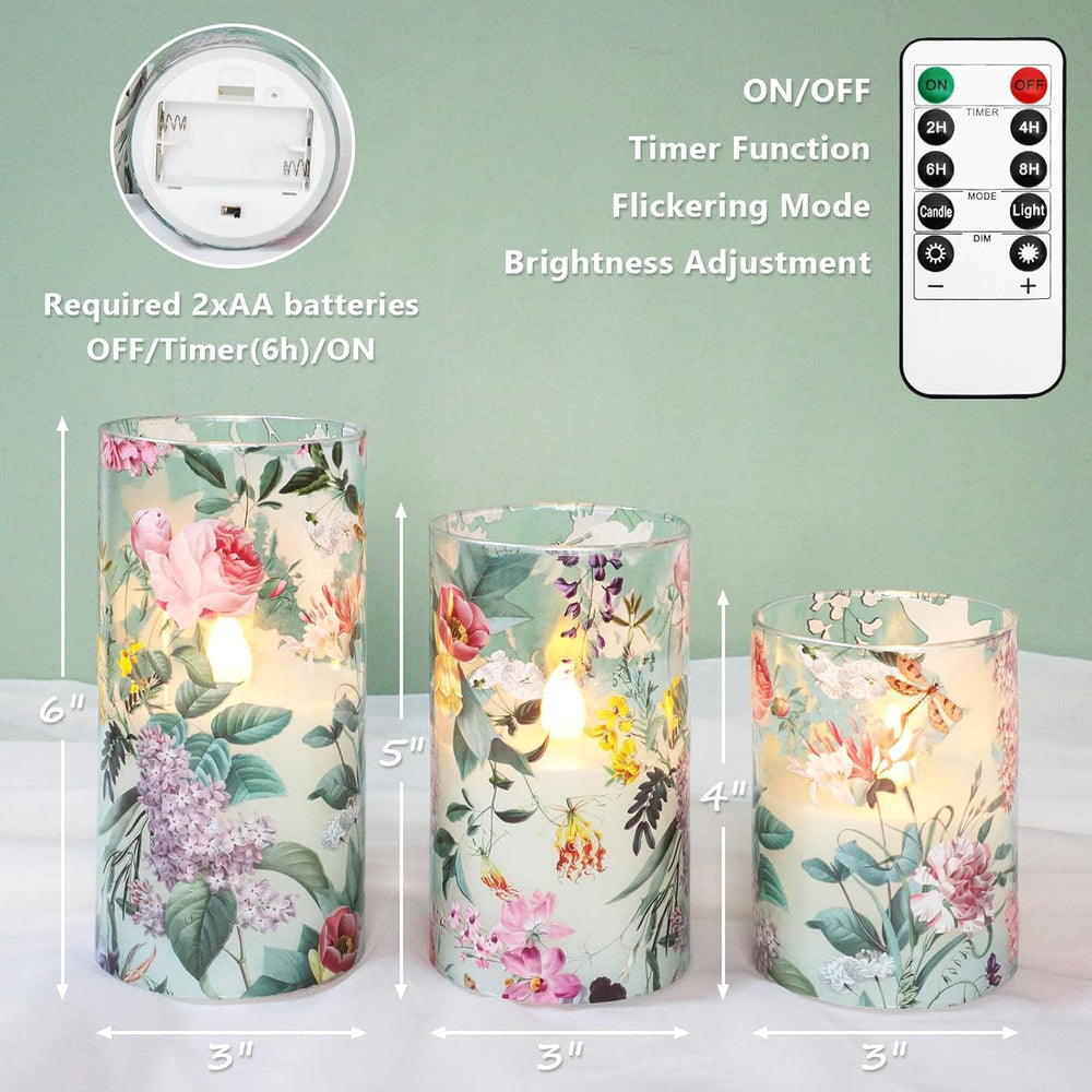 Glass Flameless Candles with Remote Timer Floral Battery Operated LED Flicker...