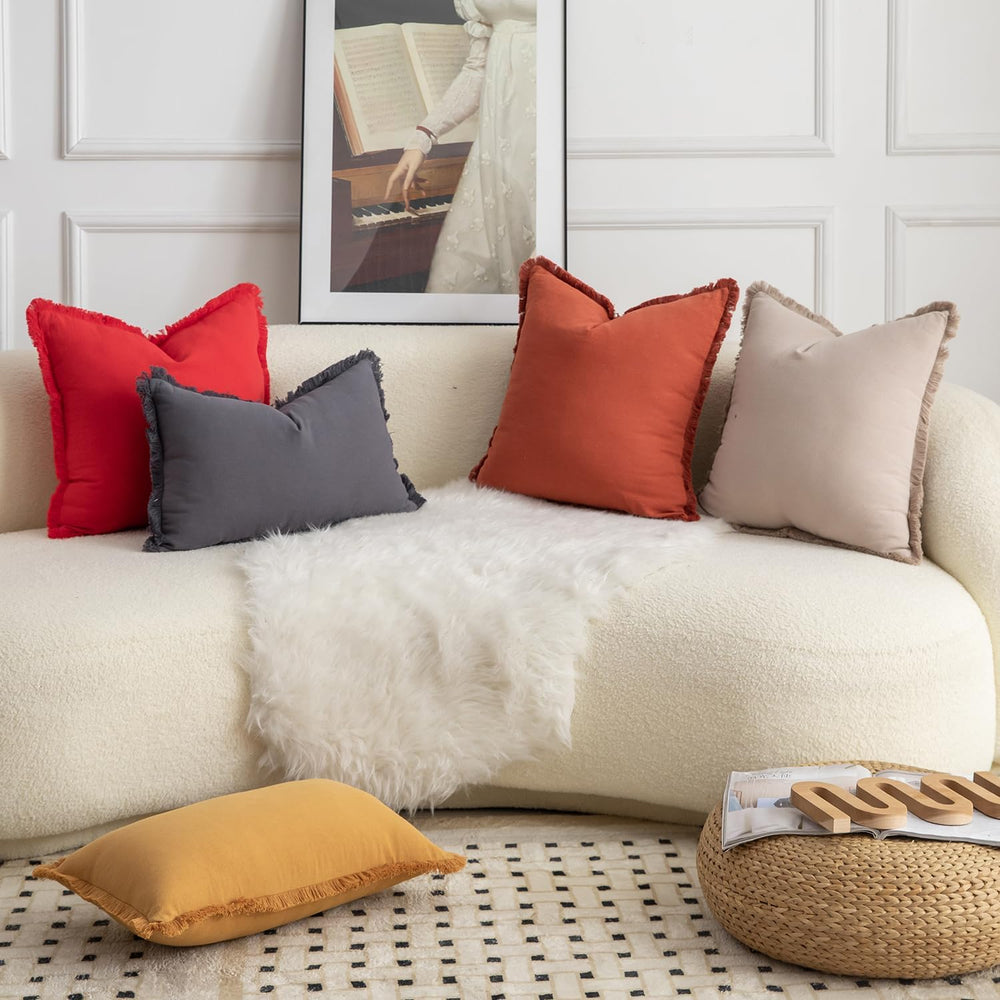 MANDIOO Set of 4 Neutral Cotton Fringe Decorative Throw Pillow Covers 22x22 I...