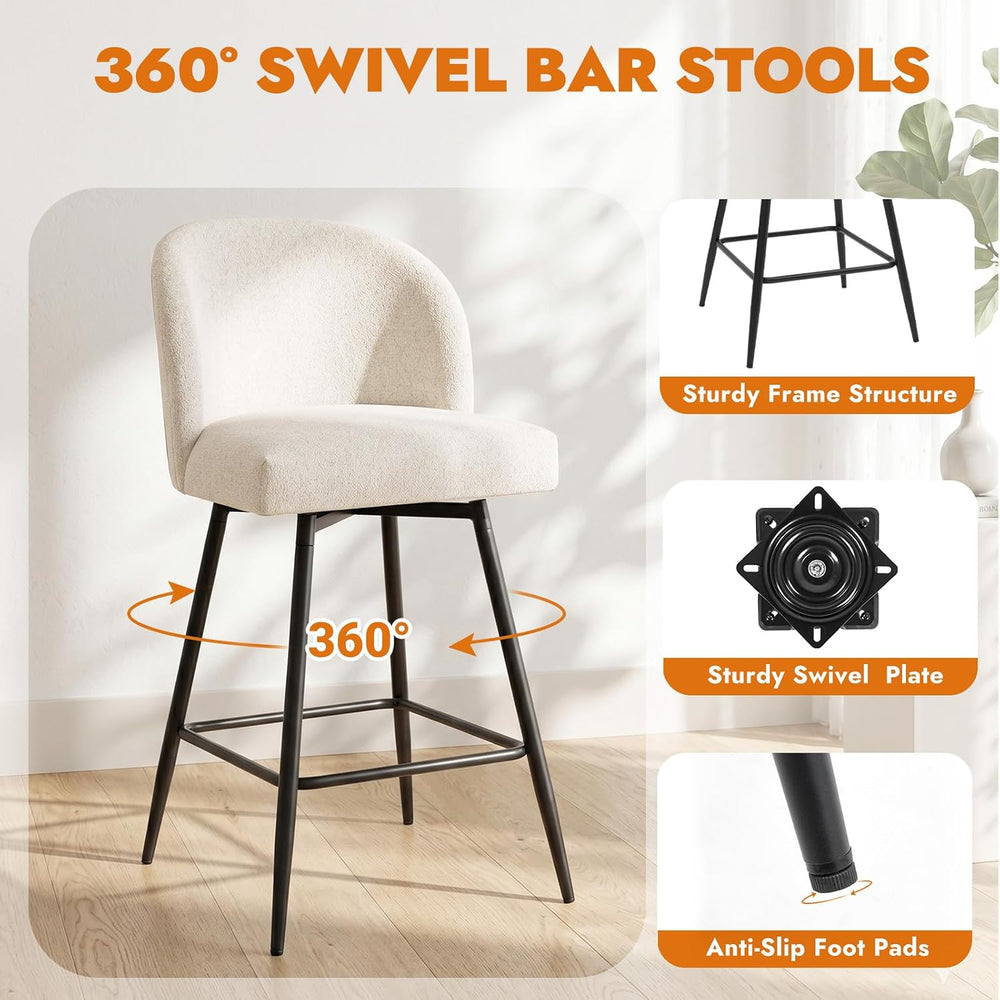Counter Height Bar Stools Set of 2, 360° Swivel Upholstered Barstools with Ba...