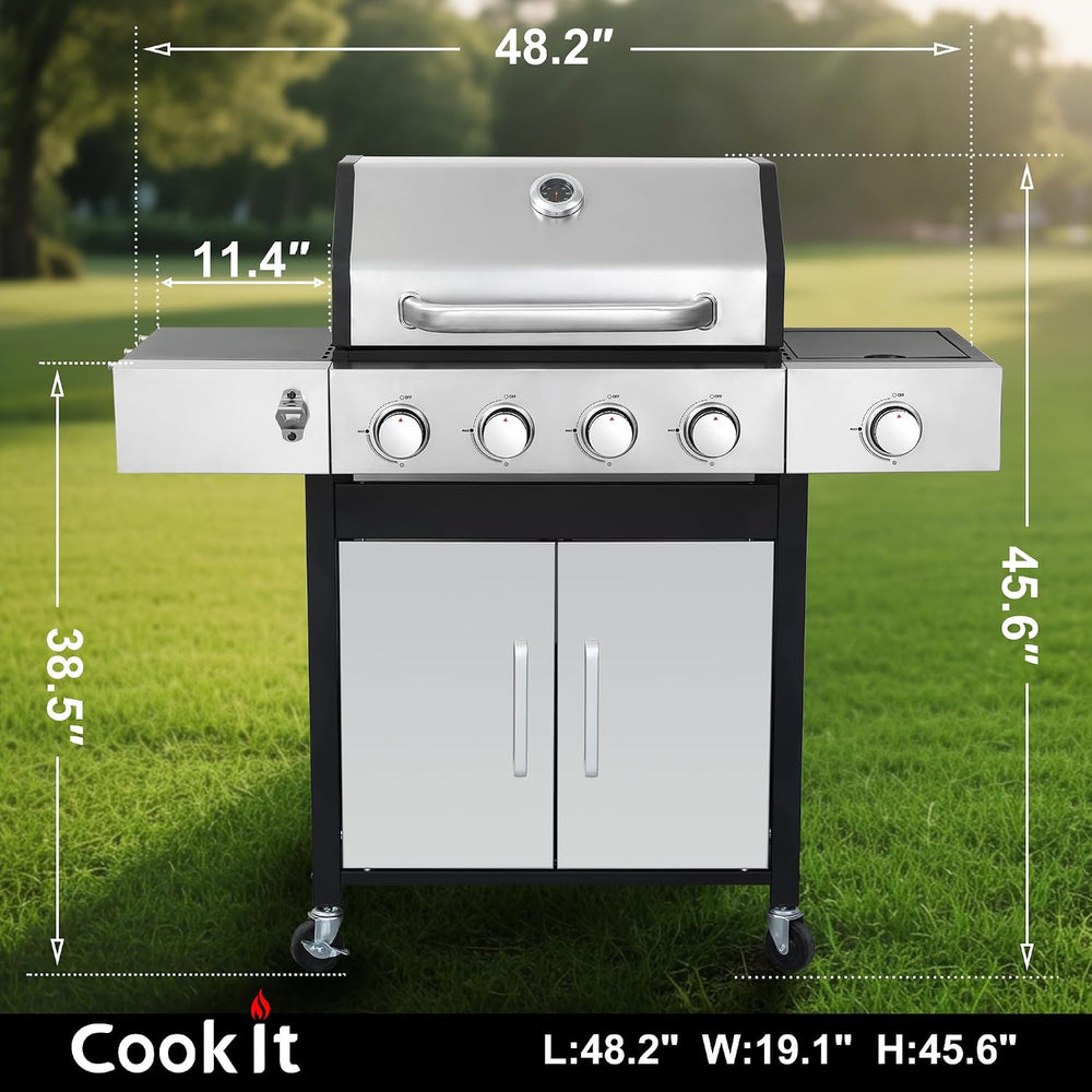 49000 BTU Propane Gas Grill, 4 Burner + Side Burner, Cast Iron Grids