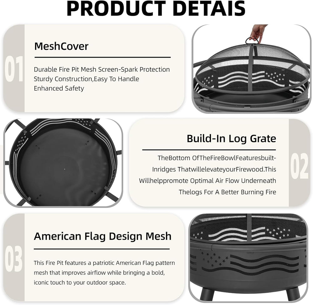 Breezz American Flag Wood-Burning Fire Pit, 32 in