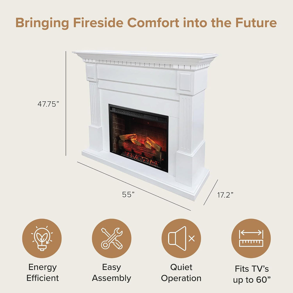 Modern Ember Augustine White Mantel Package 55" W x 48" H with 28 I...