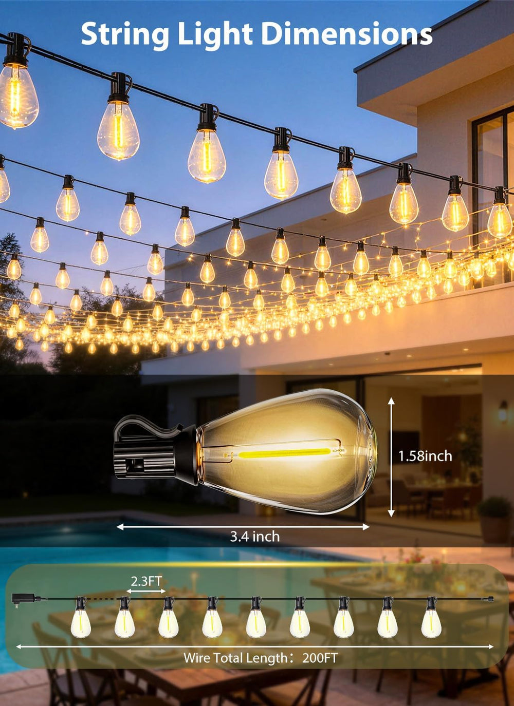 200FT Outdoor String Lights with 76+2 S11 LED Bulbs, Waterproof Dimmable Pati...