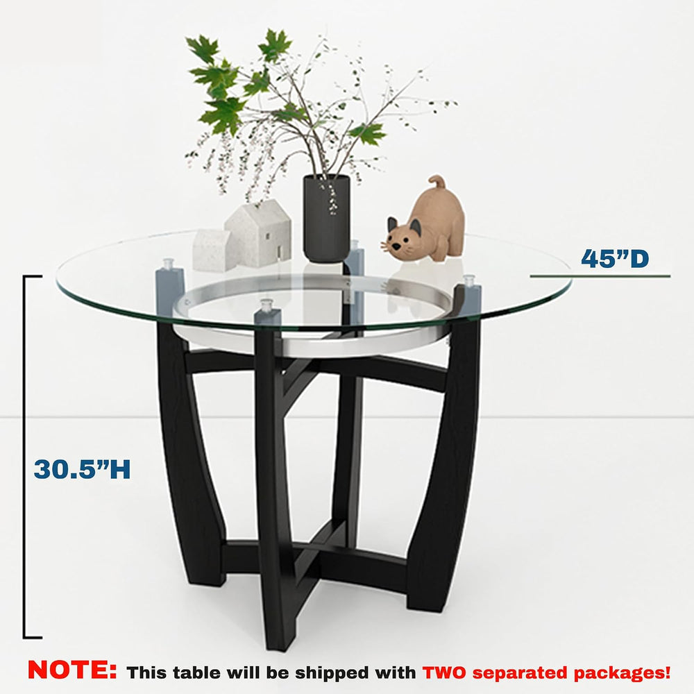 PADMA HOUSE 45" Inch Round Glass Top Dining Table with Solid Wood Base,1...