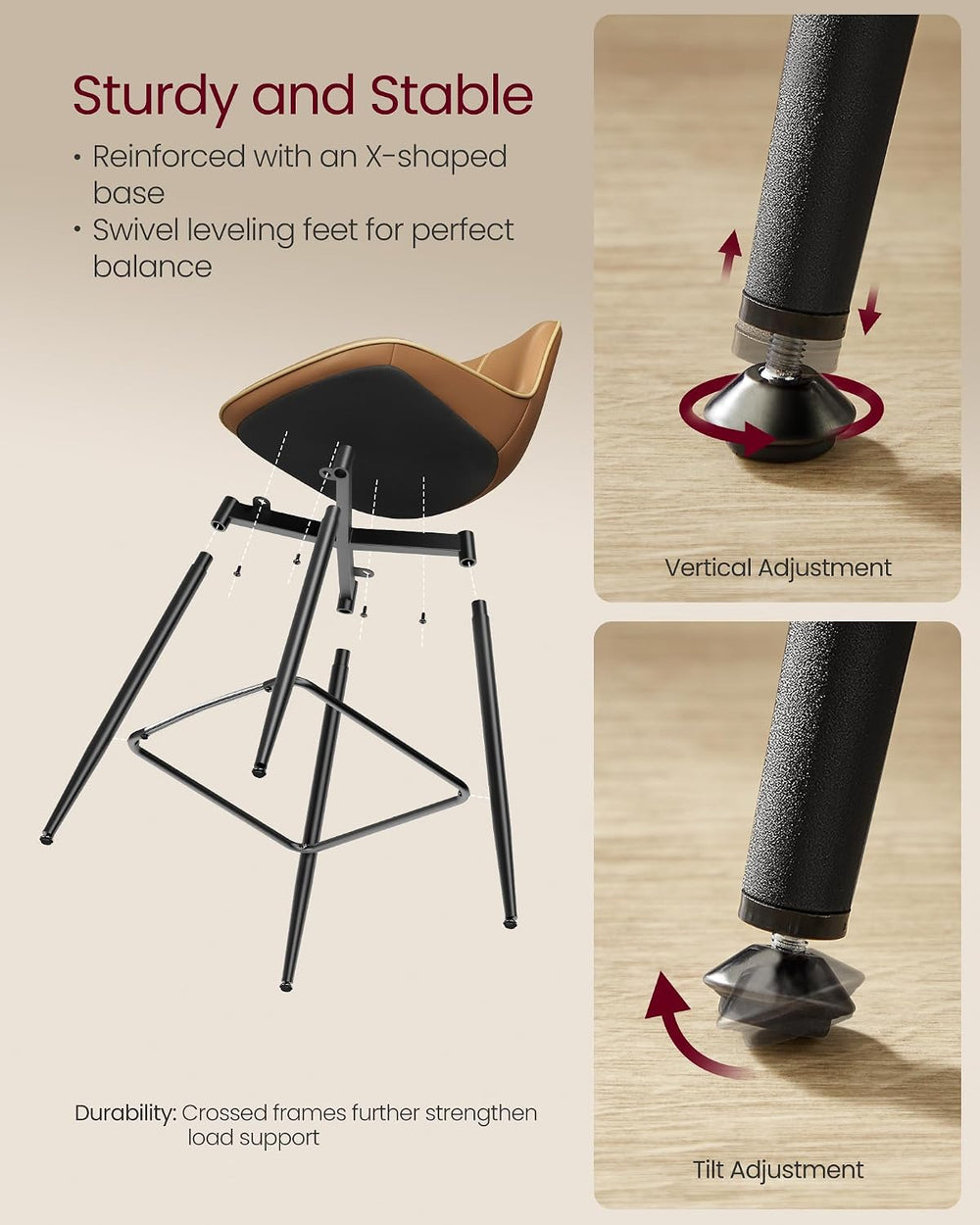 VASAGLE Bar Stools Set of 2, Bar Height, with Back, 28.5-Inch