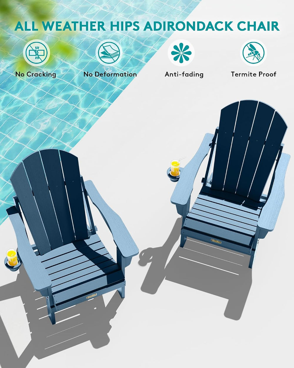 SERWALL Folding Adirondack Chairs with Cup Holder, Outdoor Fire Pit - Blue