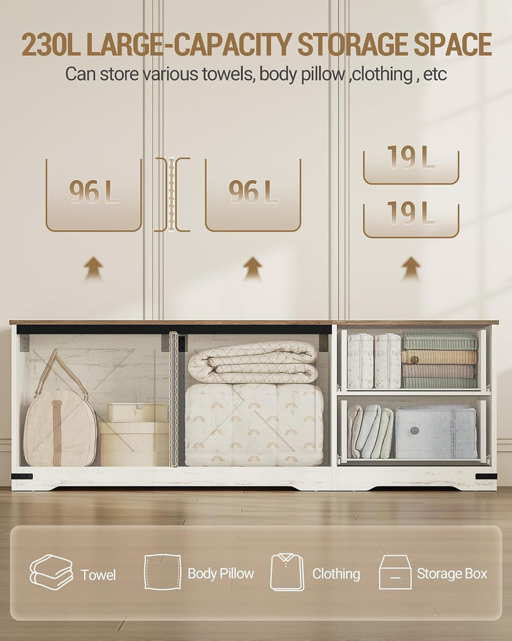 Hzuaneri 59" Farmhouse Storage Chest with 2 Drawers | 60 Gal | Retro White