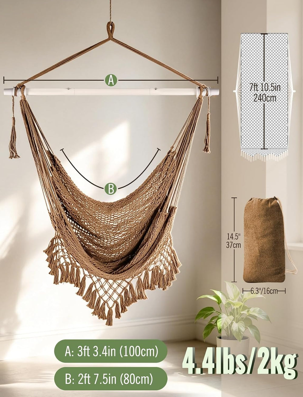 Chihee Hammock Chair Handmade Woven Mesh Hanging Seat Metal Spreader Bar