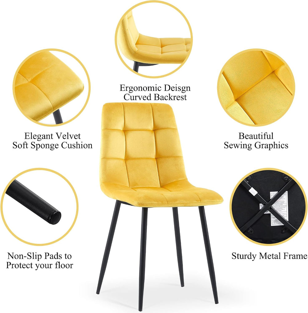 NORDICANA Yellow Velvet Dining Chairs Set of 4, Upholstered Tufted Kitchen Ch...