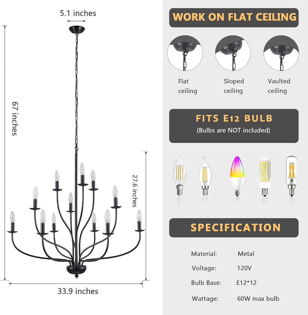 Black Chandelier 12 Light, Large Farmhouse Chandelier for Dining Room