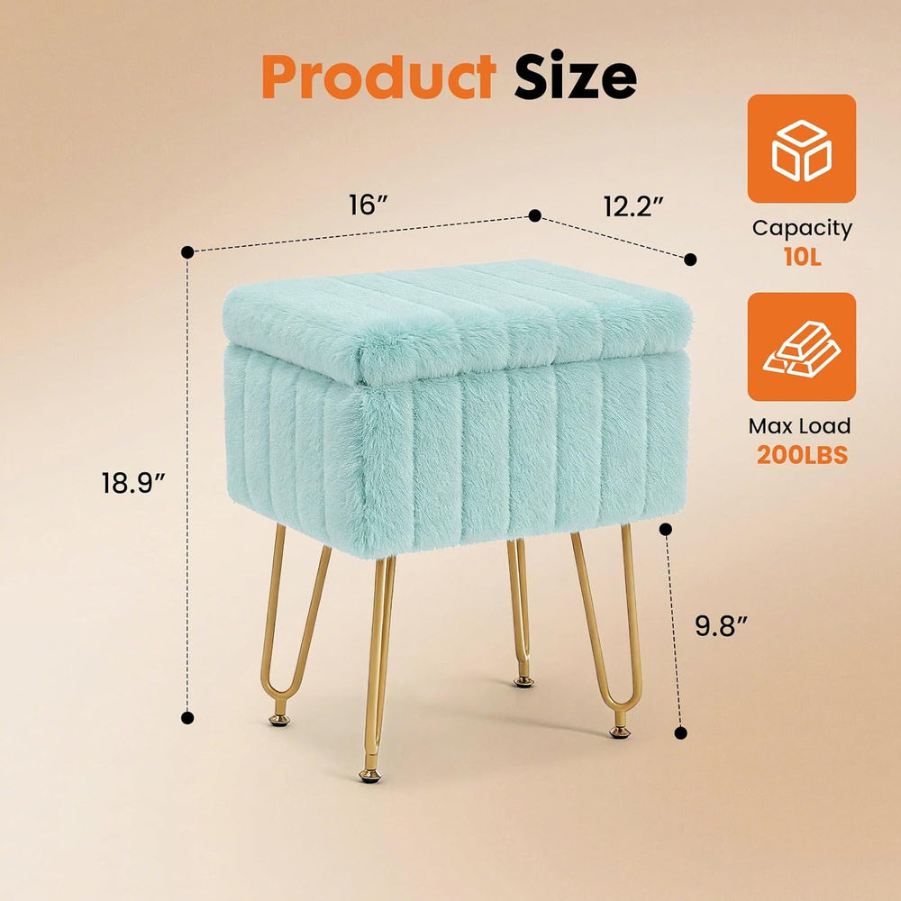 DUMOS Vanity Stool Chair with Storage, Small Ottoman Faux Fur Soft Padded Foo...