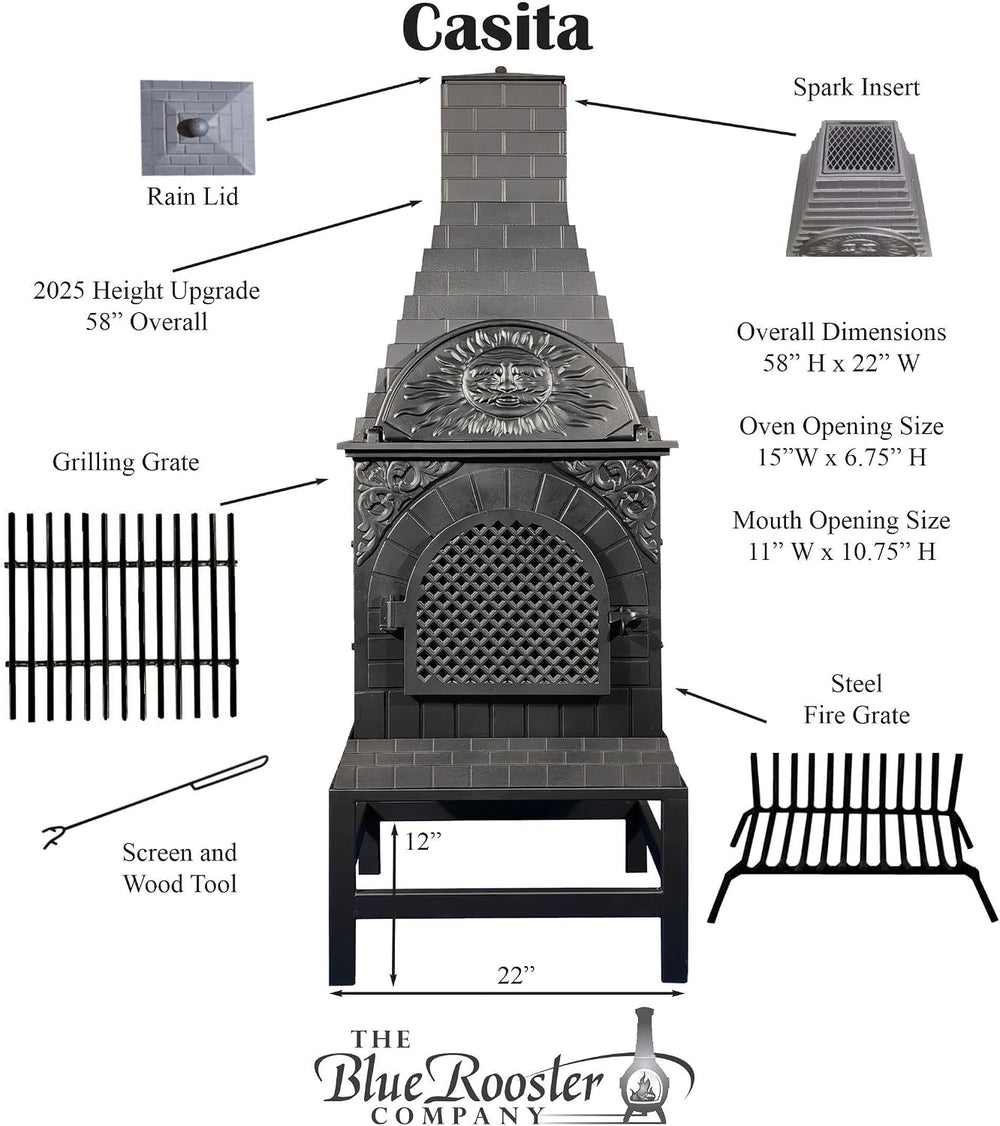 The Blue Rooster Casita Grill Chiminea Outdoor Fireplace Wood Burning Firepit...