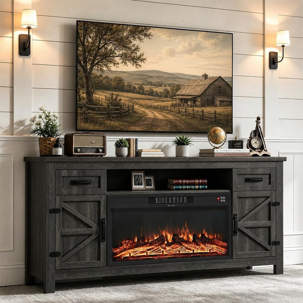 Fireplace TV Stand with Barn Door, 70 inch, Gray