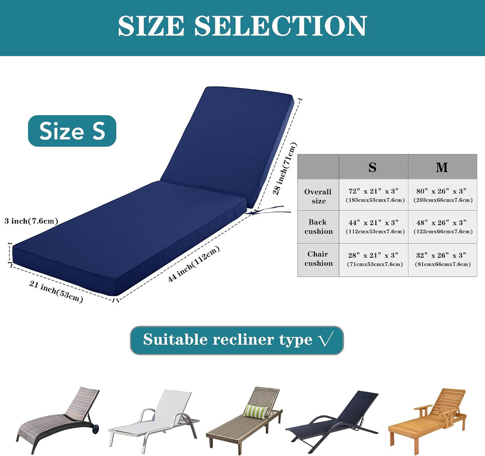 Chaise Lounge Cushions Outdoor, 72x21x3 Inch, Navy