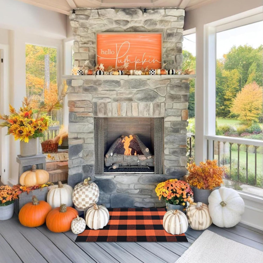 Fall Door Mat Orange and Black Plaid Rugs, 3'x5' Area Rug Outdoor Ind...
