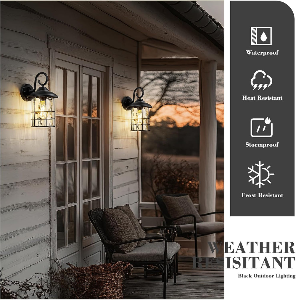 Emliviar 2 Pack Outdoor Black Wall Sconces with Water Ripple Glass, E26 Base,...