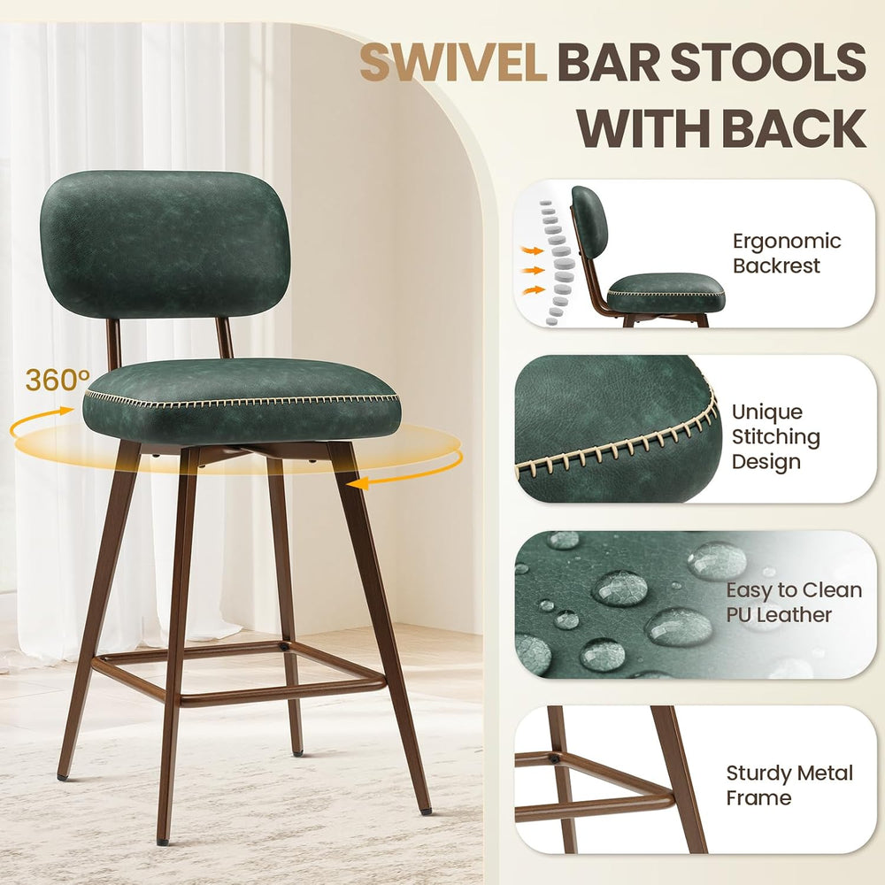 MALOL 26“ PU Leather Swivel Bar Stools Set of 4, Mid Century Counter Height B...