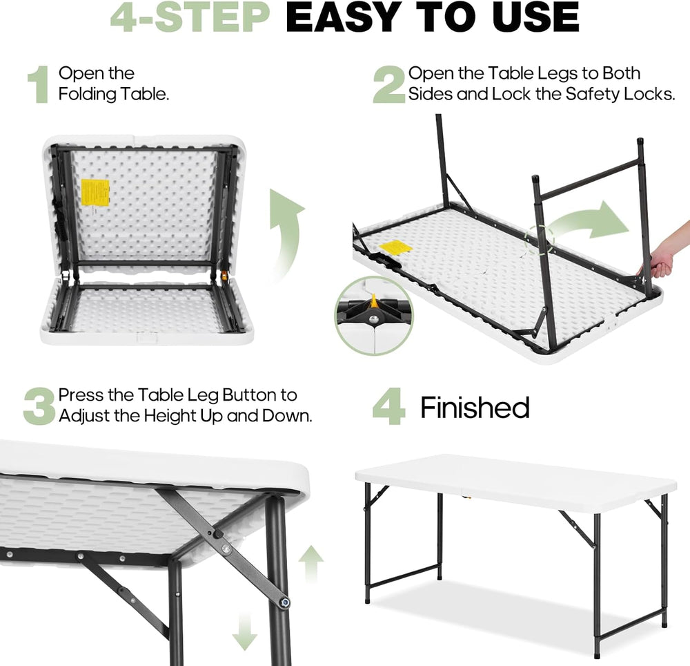 4ft Folding Table with Adjustable Height, 2-Level Foldable Table with HDPE To...