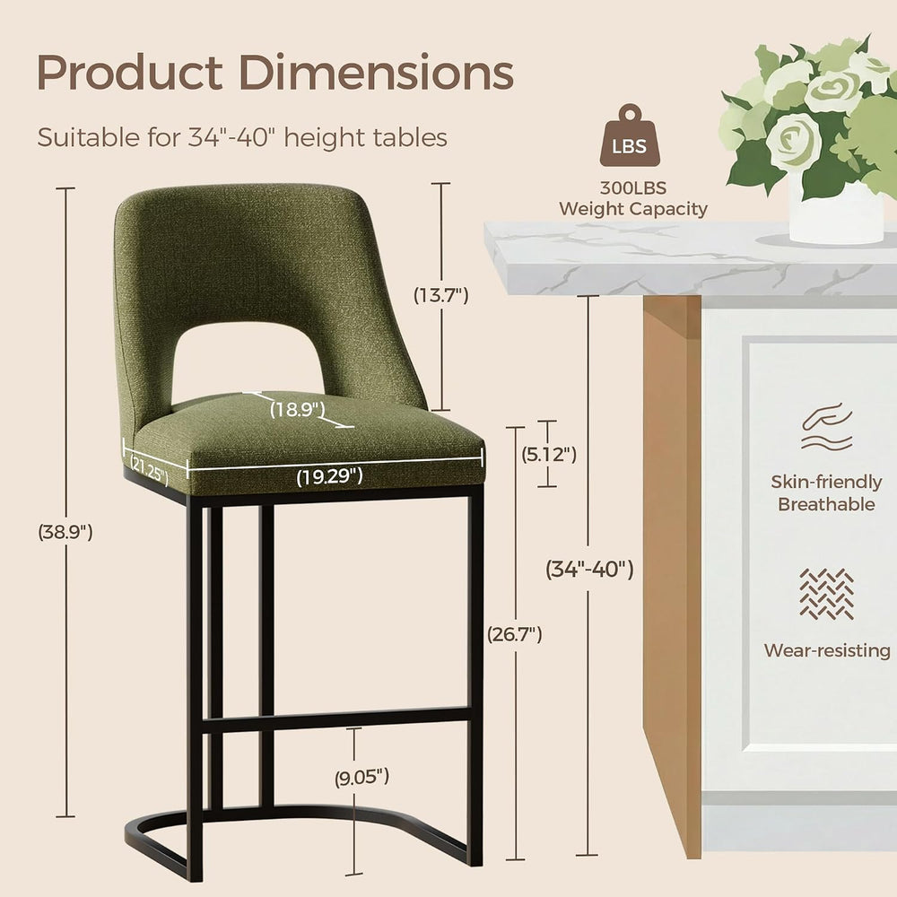 UVV Bar Stools Set of 4, Upholstered Counter Height Bar Stools with Sturdy Me...