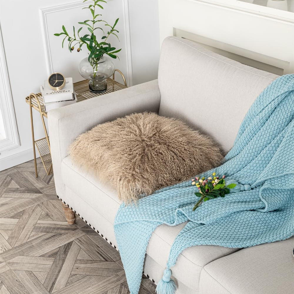 Mongolian Lamb Fur Throw Pillow Cover (20'' x 20'', Khaki)