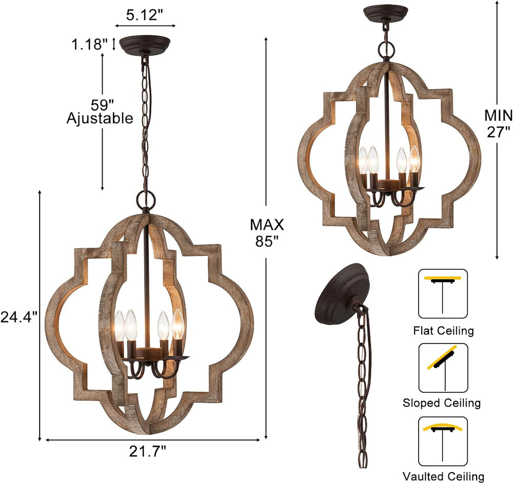 22" Farmhouse Chandelier Orb Distressed Wood Oak Dining Room Light Fixture
