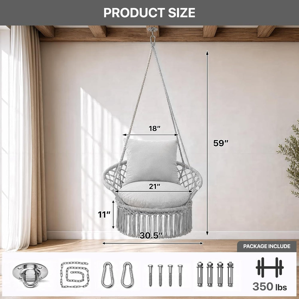 Athena Collection Macrame Hammock Chair with Mounting Hardware Kit, Gray