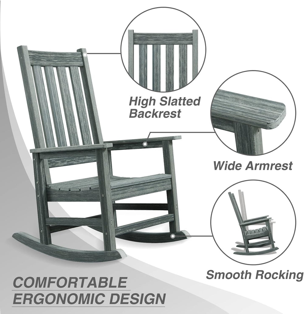 Oversized Outdoor Rocking Chair, Porch Rocker with High Back, Grey