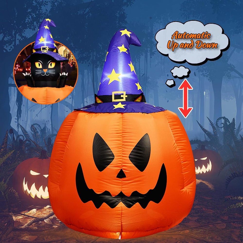 5.3 FT Halloween Inflatable Animated Witch Cat in Pumpkin, Blow Up Yard Decor...