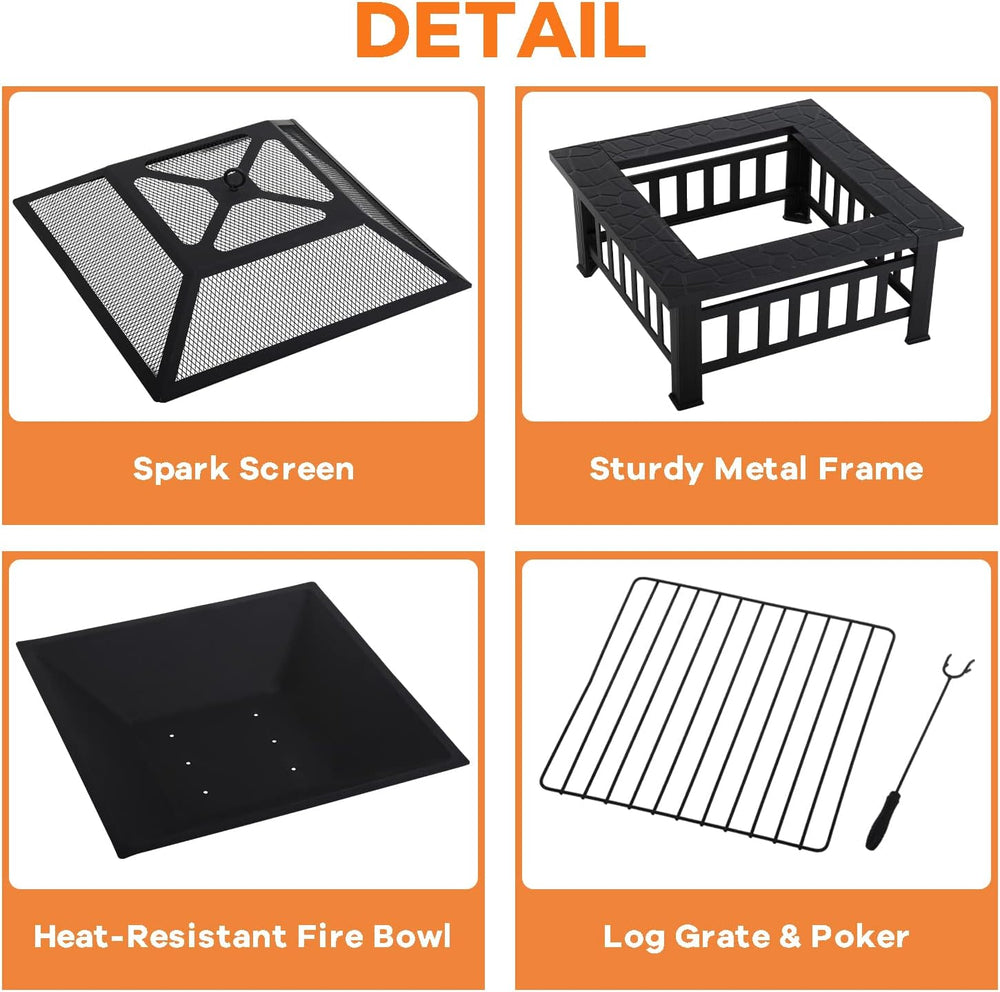 Fire Pit Table, Outdoor Fireplace Firepit Camping Accessories 32 in Square Sm...