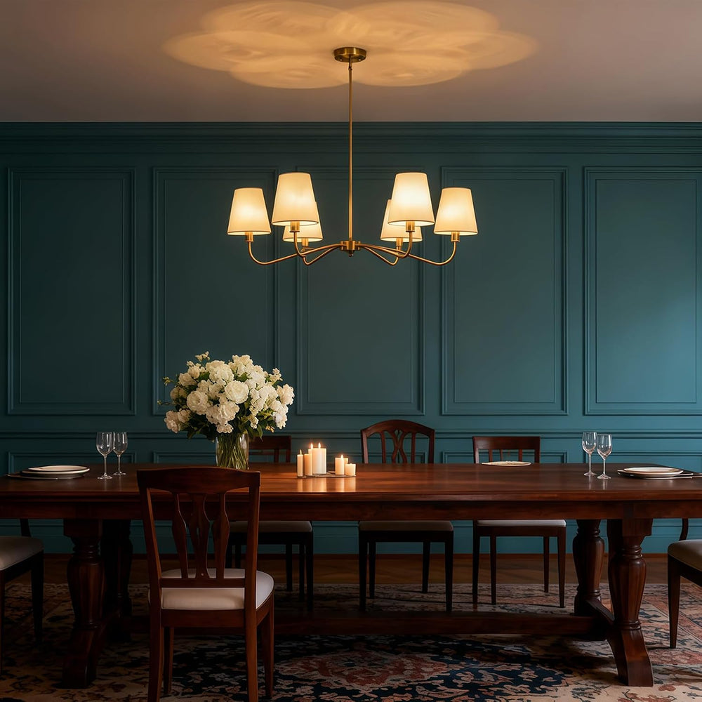 Brass Gold Chandeliers for Dining Room 6 Light Chandelier with Fabric Shade