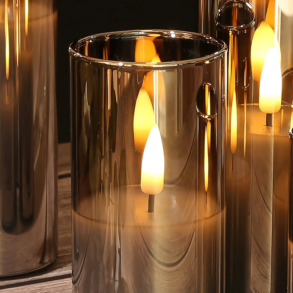 Eywamage Grey Glass Flameless Pillar Candles with Remote Batteries Set of 5